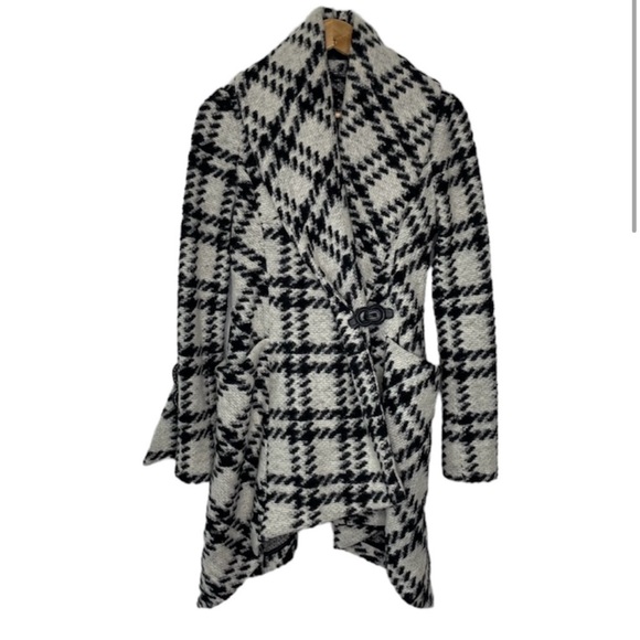 L.A.M.B. Gwen Stefani White Plaid Wool Blend Shawl Collar Asymmetrical Wrap Coat - Picture 3 of 9
